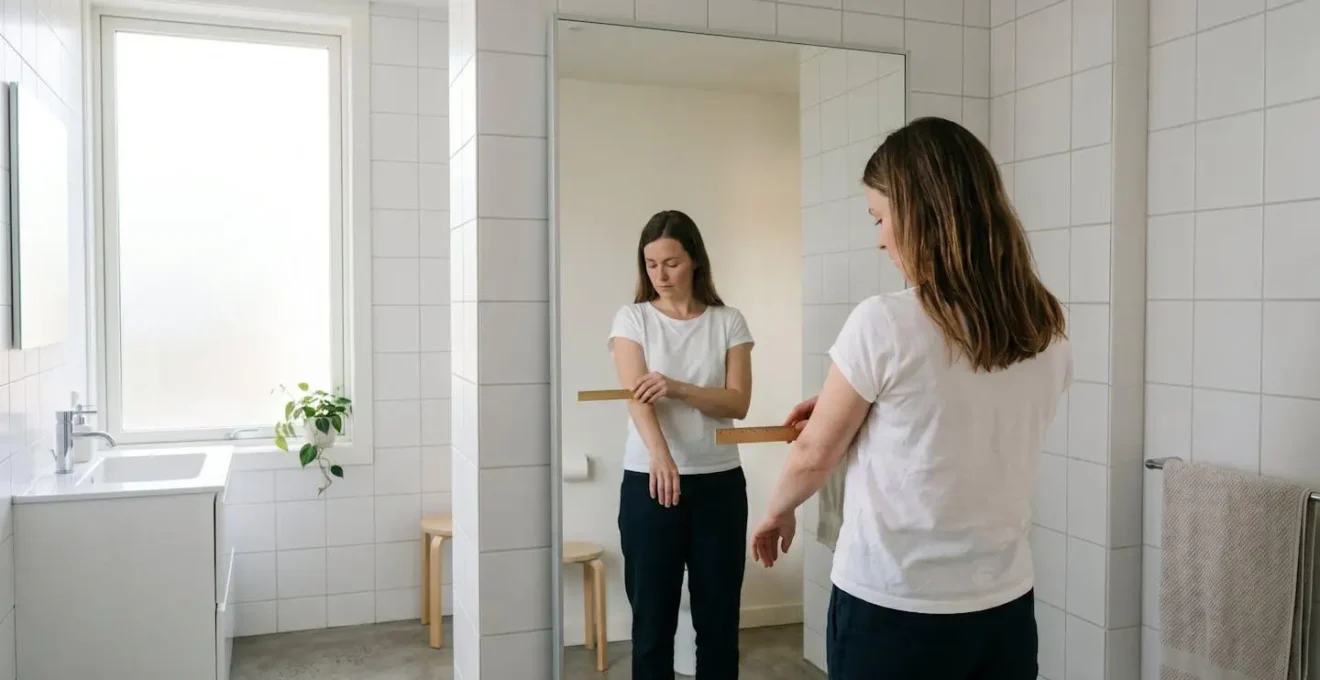 Persona che esamina i propri nei allo specchio con righello per misurare le dimensioni
