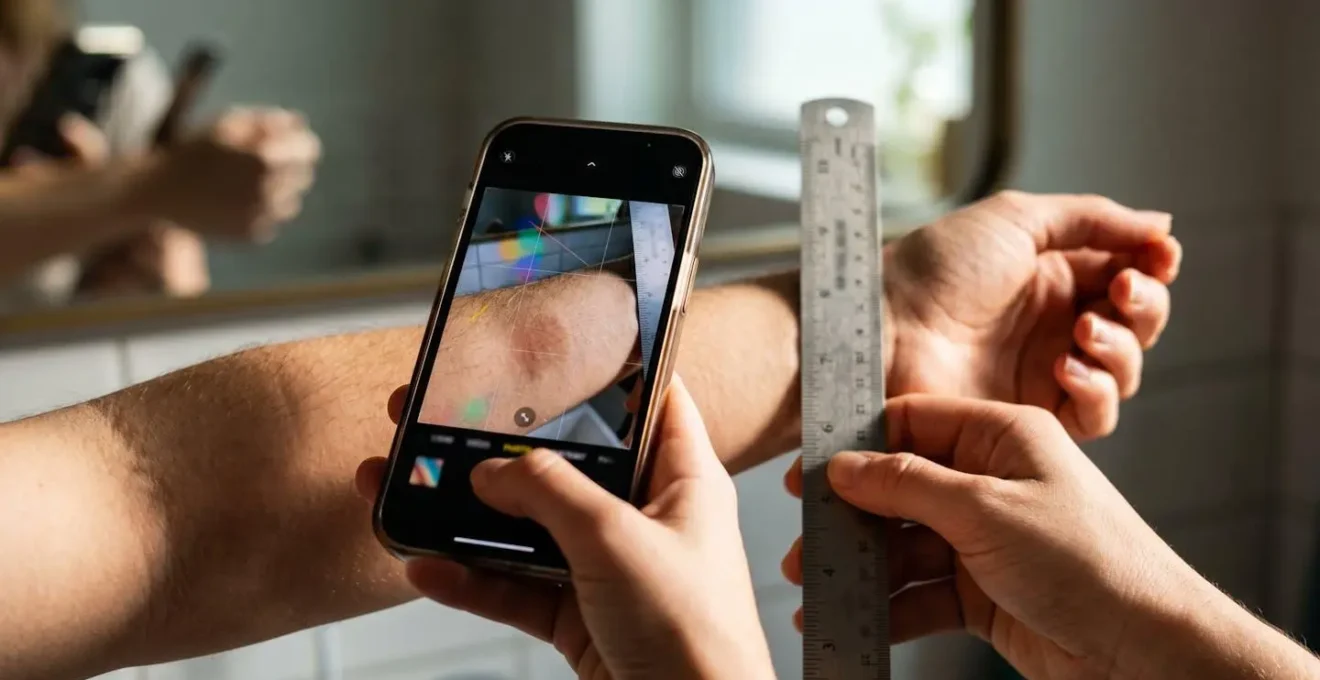 Persona che documenta i nei con smartphone usando righello di riferimento