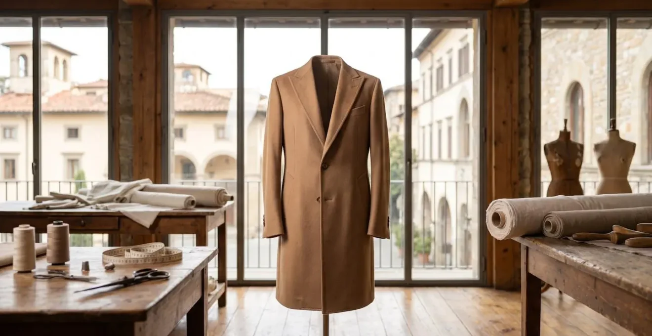 Cappotto color cammello su manichino in atelier sartoriale italiano