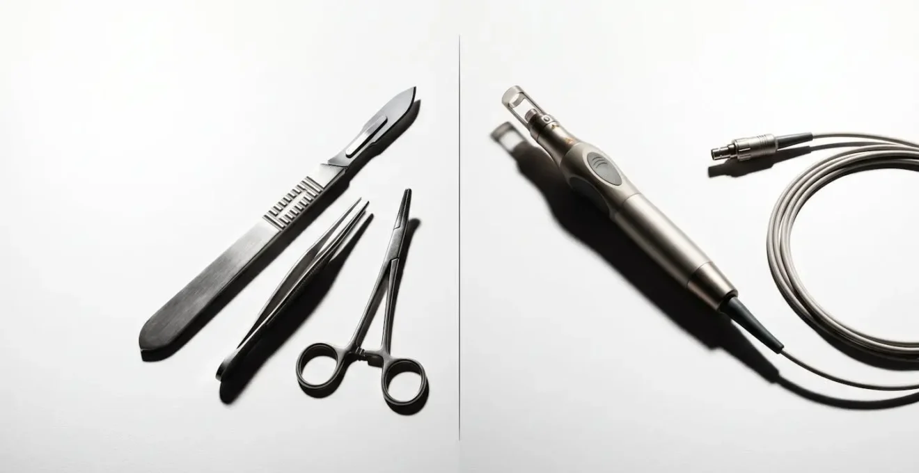 Comparazione visiva tra tecniche chirurgiche laser e bisturi per blefaroplastica
