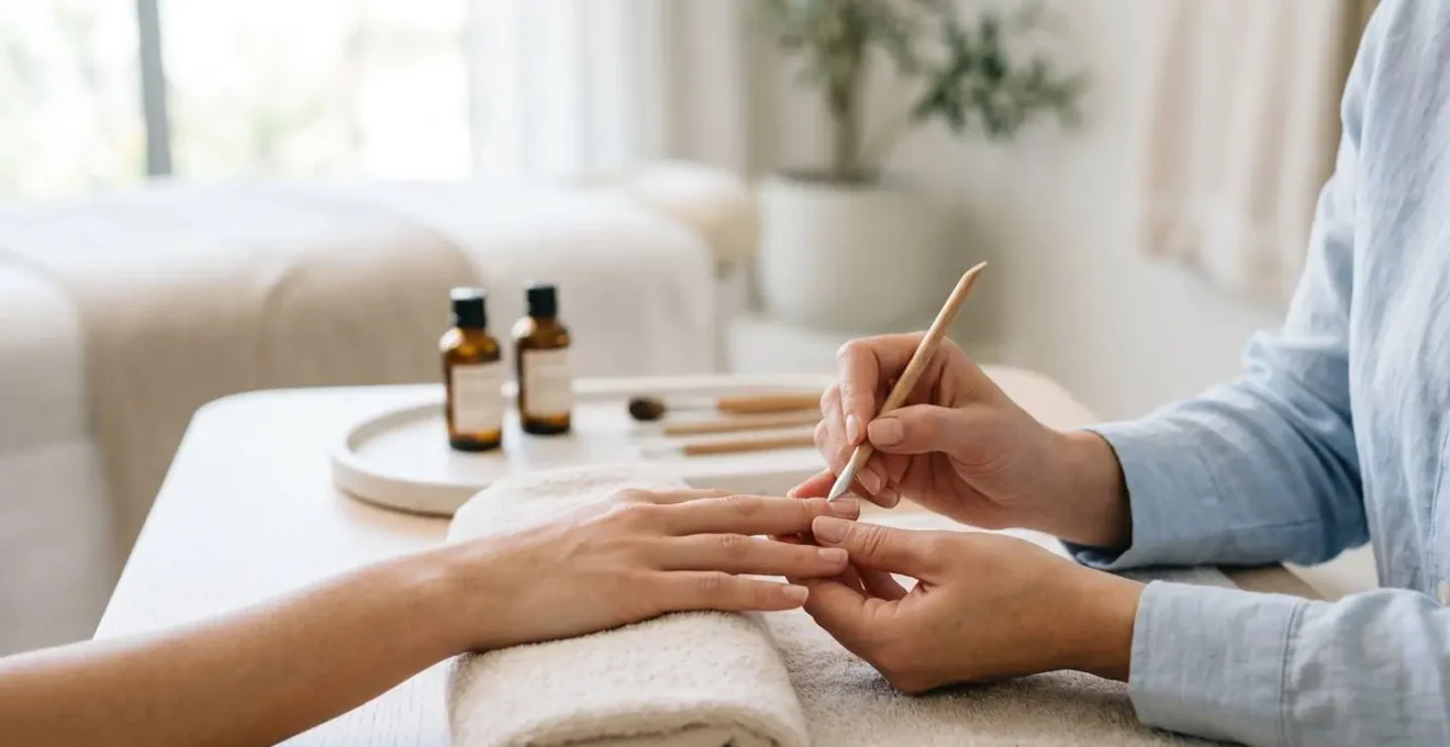 Mani durante trattamento professionale delle cuticole con bastoncino di legno