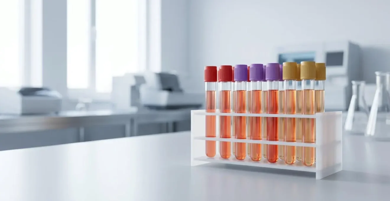 Provette di sangue per analisi in laboratorio con etichette anonime