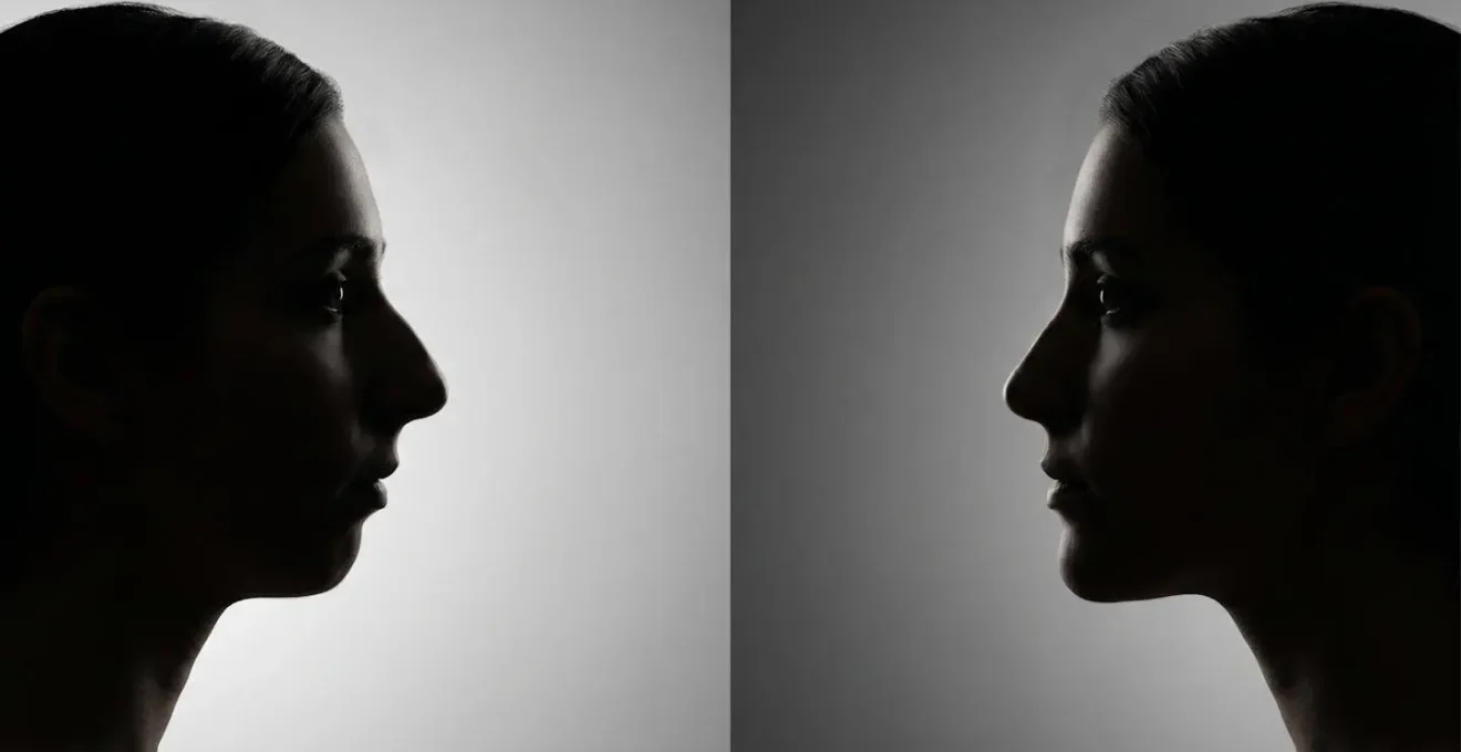 Confronto fotografico che mostra come la proiezione del mento influenzi la percezione del naso