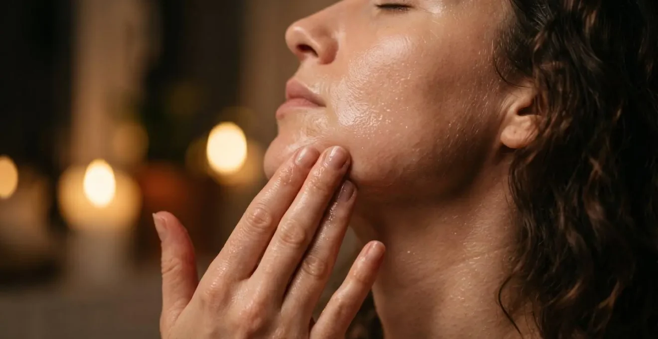 Primo piano di mani che eseguono delicati movimenti circolari sul viso durante routine skincare