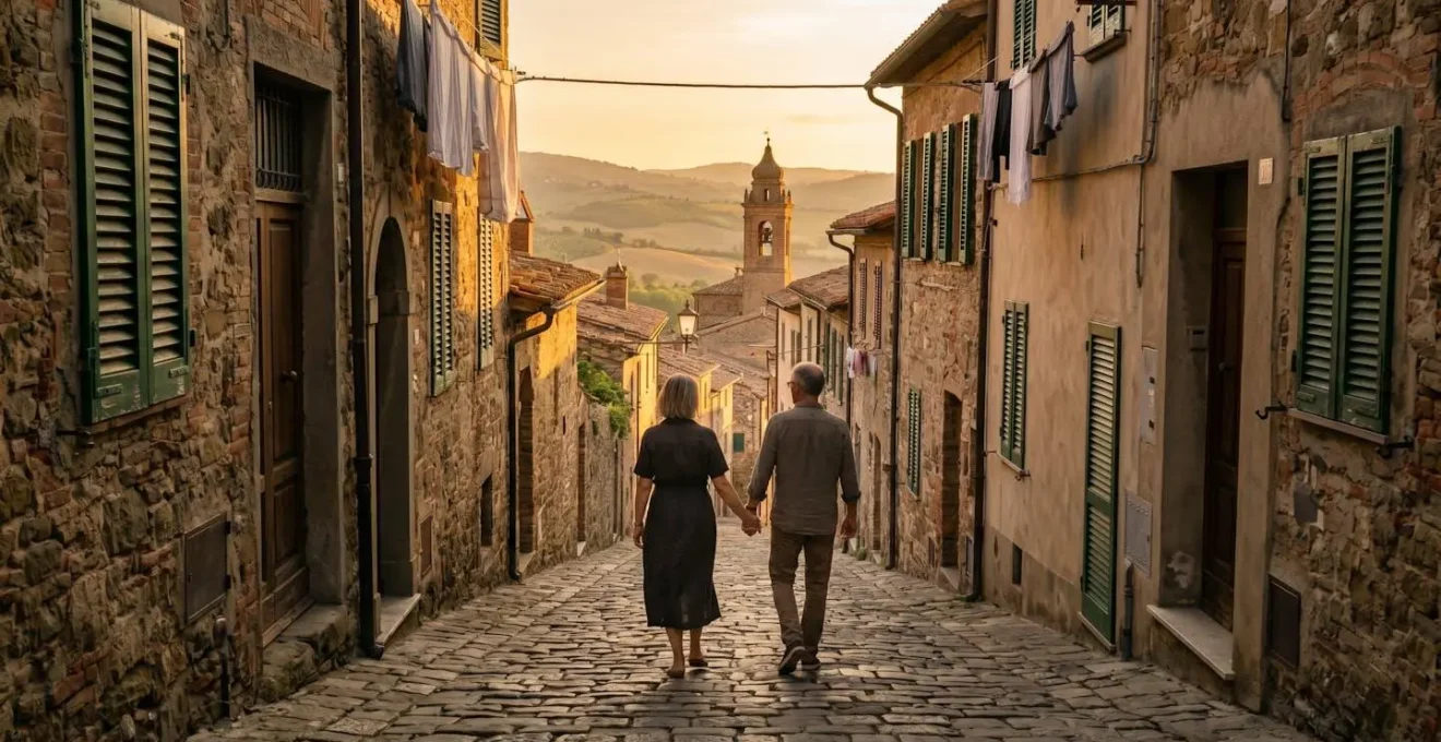 Coppia italiana passeggia in un borgo mediterraneo durante il tramonto domenicale