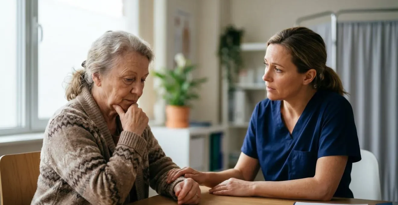 Donna over 60 in conversazione con chirurgo plastico in ambulatorio