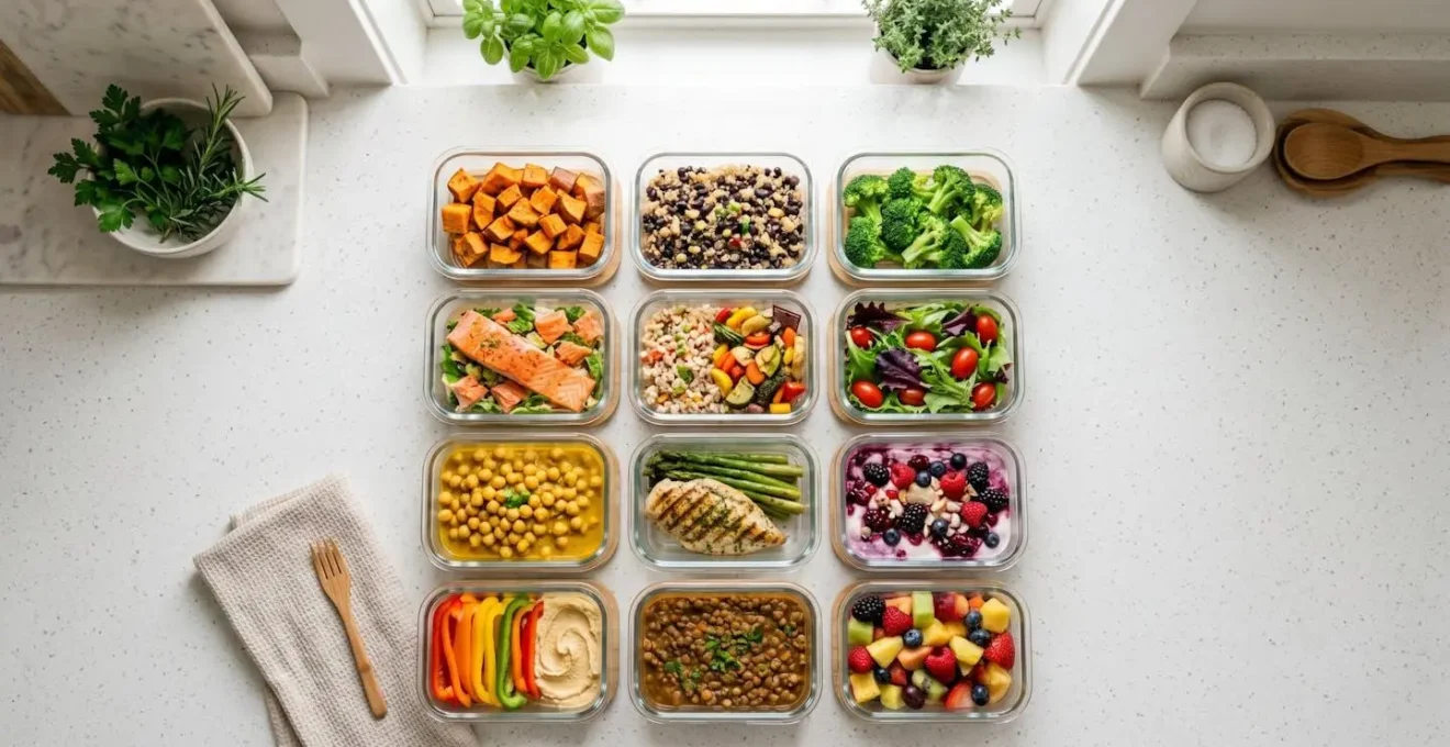 Piano di lavoro cucina con contenitori di meal prep colorati e ingredienti freschi
