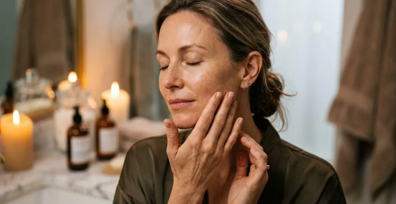 Donna che applica crema viso con gesti consapevoli in ambiente rilassante