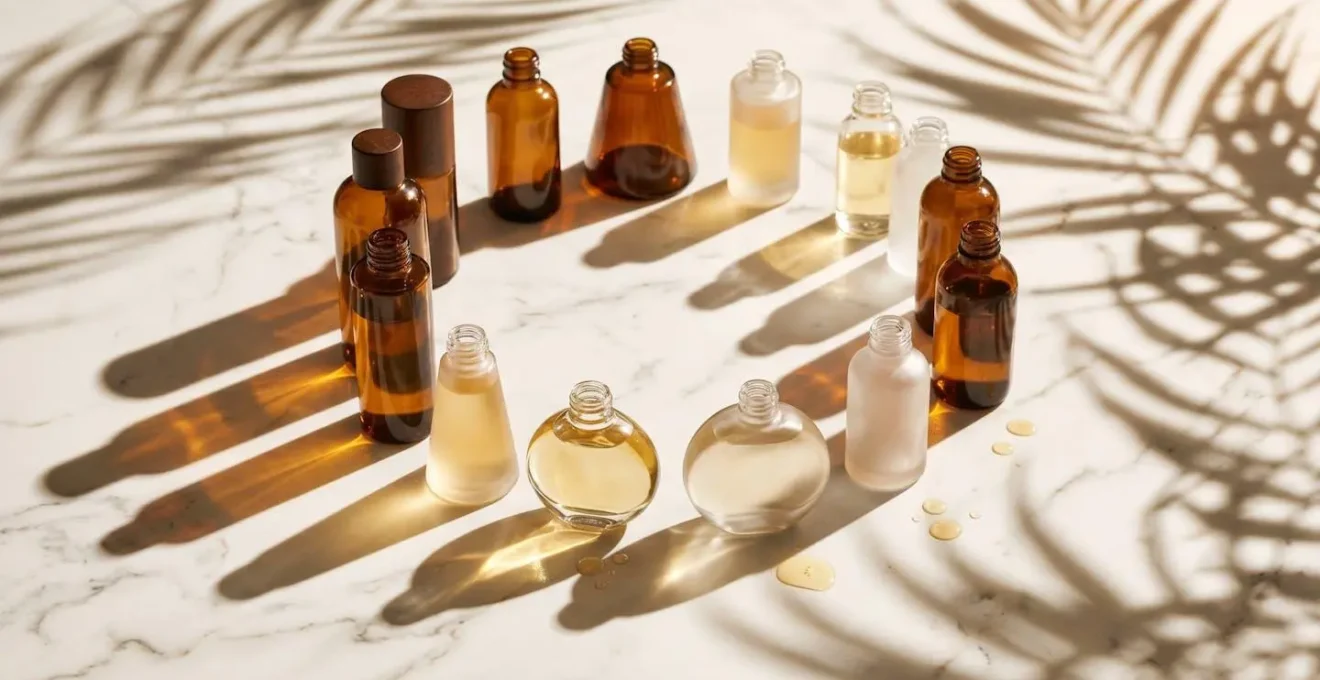 Prodotti skincare estivi disposti su superficie marmorea con luce solare filtrata