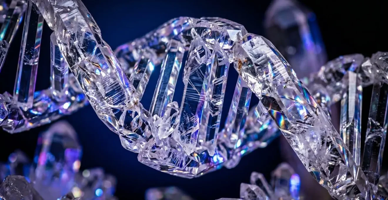 Rappresentazione macro di strutture cristalline che simboleggiano il DNA e i marcatori genetici
