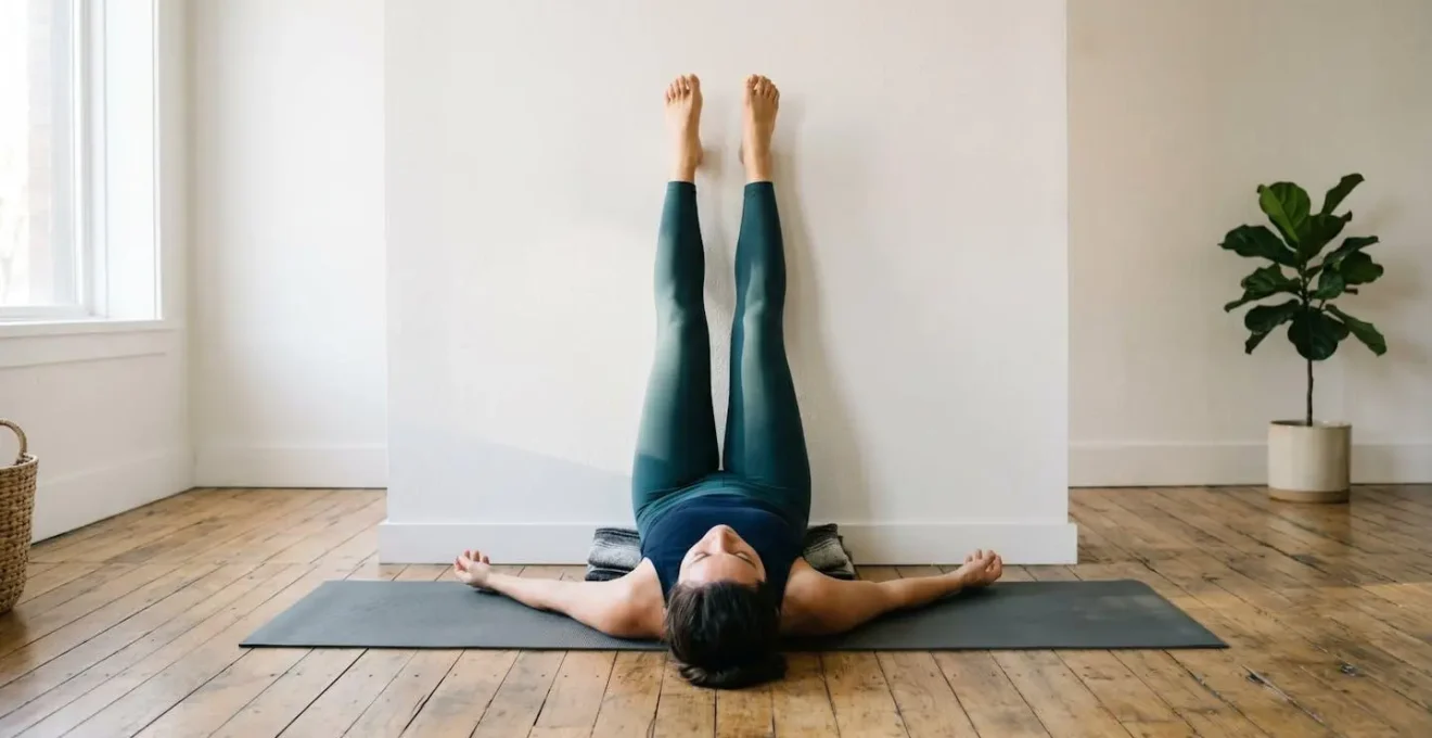 Persona in posizione yoga Viparita Karani con gambe appoggiate al muro in ambiente minimalista